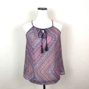 Vibrant Print Halter tassel Tie keyhole front top